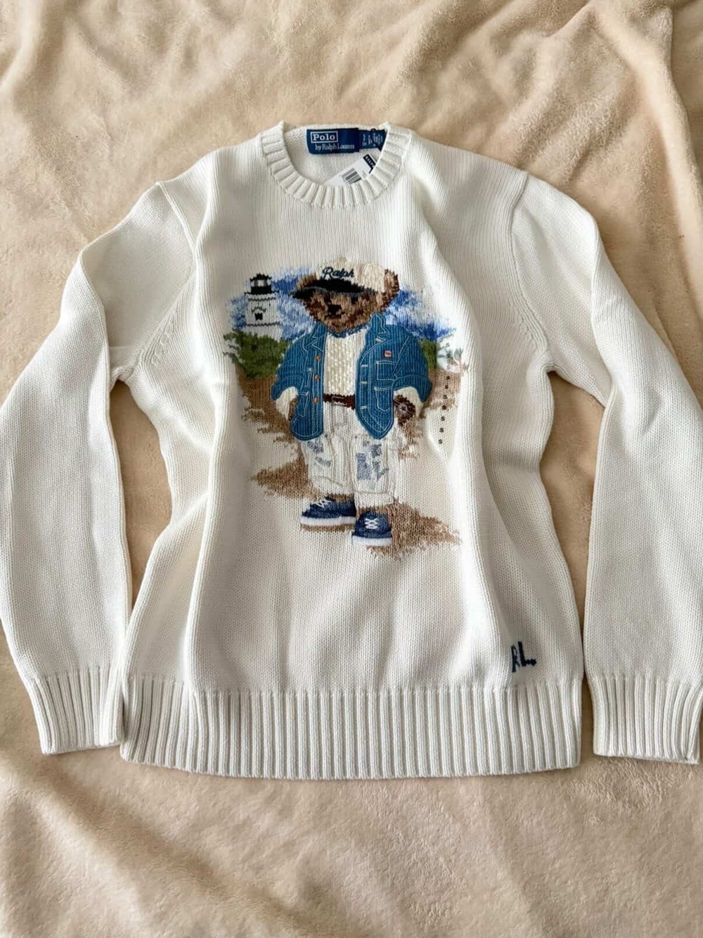 Polo by Ralph Lauren White Crewneck Sweater with Embroidered Bear
